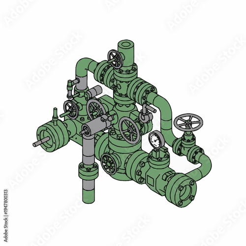 Isometric view of a complex industrial piping system with valves and gauges.