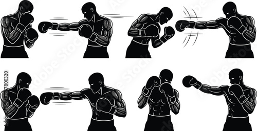 Boxing Punching Action Icon Set with Boxer Stance, Punching Movements, and Fist Strikes for Websites, Apps, and Sports Design