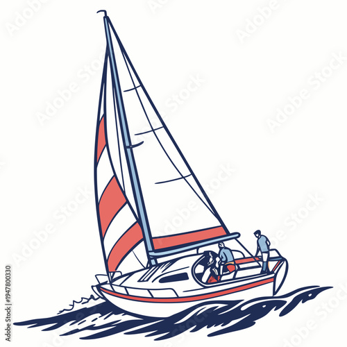 A sailboat with red and white sails on the water Vector