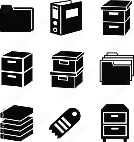Collection of black office supply including folders binders and drawers filing cabinet storage box