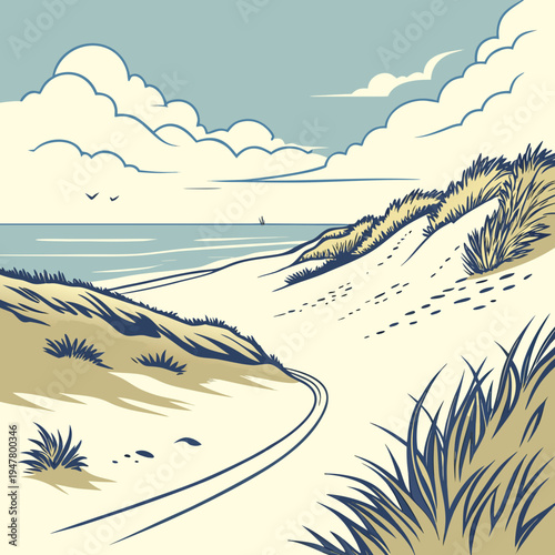 A winding path through sandy beach dunes Vector