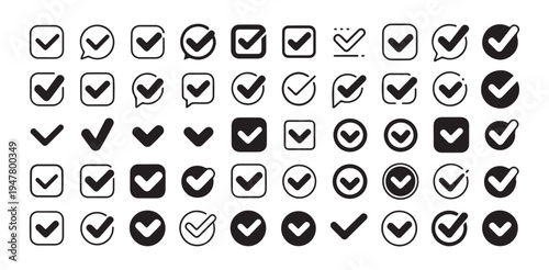 Large set of black and white check mark icons in various styles against a white background