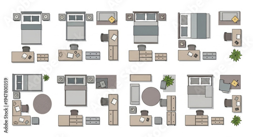 Top-Down Bedroom Layouts - Furniture Arrangement and Interior Design.