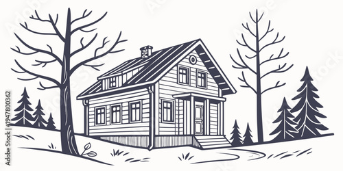 A house in the snow with trees and evergreens Vector