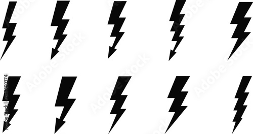 Lightning Bolt Icon Set with Various Angles, Vector Illustrations for Energy, Power, and Weather Themes