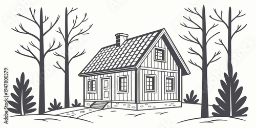 A house with a steep roof and trees in the yard Vector