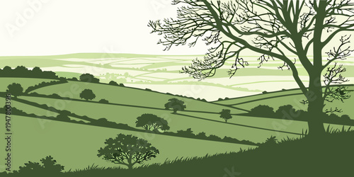 A green landscape with a tree on a hill Vector