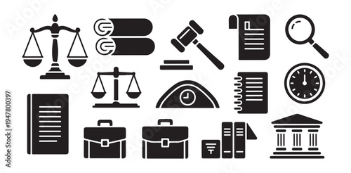 Law and justice icons set for legal concepts and courtroom proceedings