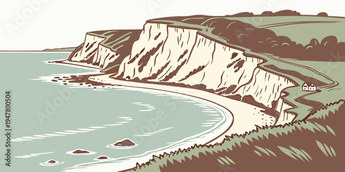 A scenic cliffside beach with a sandy shore Vector