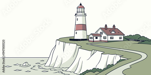 A lighthouse on a cliff overlooking the ocean Vector