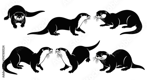 Set of Black Otter Silhouettes on White Background, Various Poses