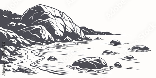 A rocky shoreline with large boulders Vector