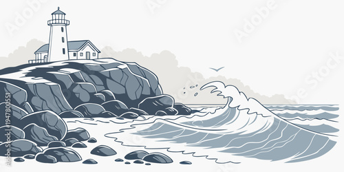 A lighthouse on a rocky coastline by the sea Vector
