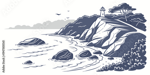 A rocky coastline with a lighthouse on top Vector