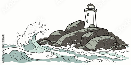 A lighthouse on a rocky island in the ocean Vector