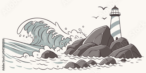 A lighthouse on a rocky coastline with a large wave crashing Vector