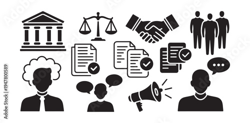 Governmental building scales of justice handshake people documents megaphone thinking