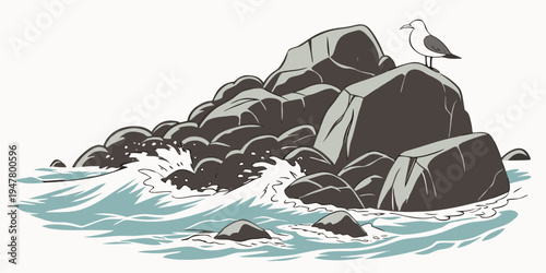 A large rock formation with a bird on top in the ocean Vector