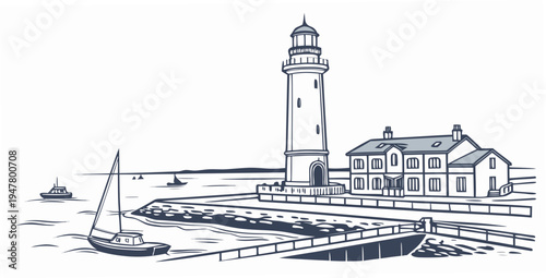 A lighthouse next to a building and a boat in the water Vector
