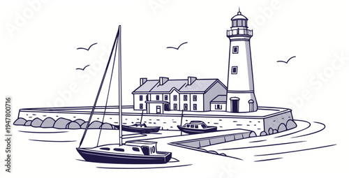 A sailboat in front of a lighthouse and buildings Vector