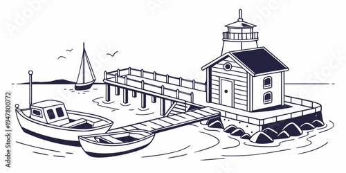 A small lighthouse next to a docked boat Vector