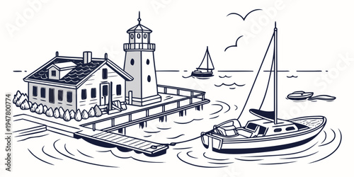 A sailboat near a lighthouse and a building Vector