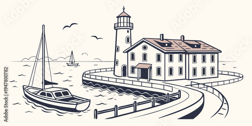 A small harbor with a lighthouse and boats Vector