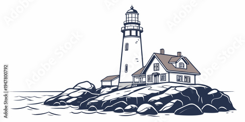 A lighthouse on a rocky island with a house Vector