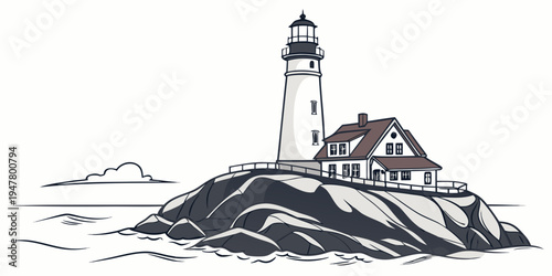 A lighthouse on a rocky island with a house next to it Vector