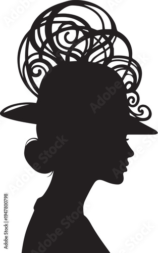 Elegant lady portrait wearing fascinator hat vector silhouette illustration with line art