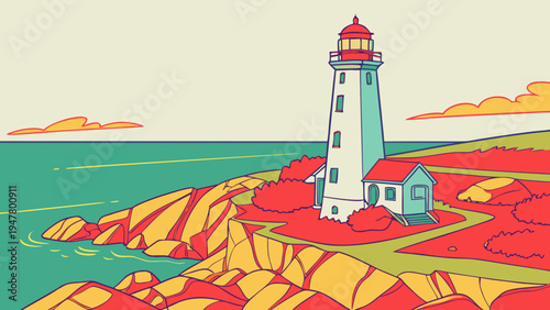 A lighthouse on a rocky coastline with a small house Vector