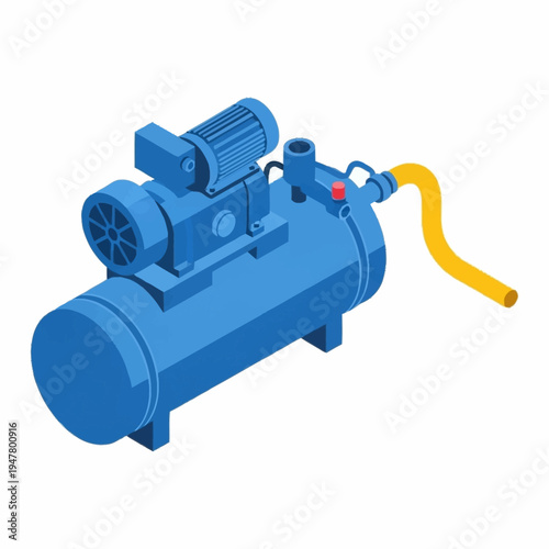 Isometric illustration of a blue air compressor with yellow hose.
