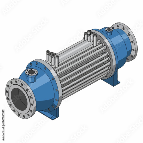 A detailed 3D rendering of a blue and silver industrial shell and tube heat exchanger with flanged connections.