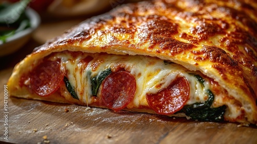 golden baked stuffed pizza turnover with melted mozzarella, pepperoni and spinach oozing from a crisp crust, warm and indulgent