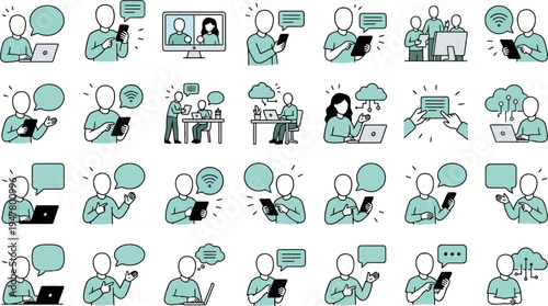 Remote Work and Digital Communication People Vector Illustration Collection — Social Media, Online Collaboration, Workflow and Business Activities