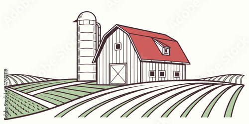 A red roofed barn next to a silo in a field Vector
