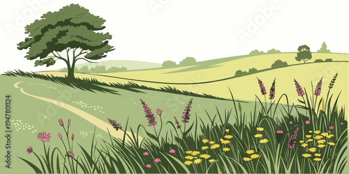 A tree on a green hill with wildflowers Vector