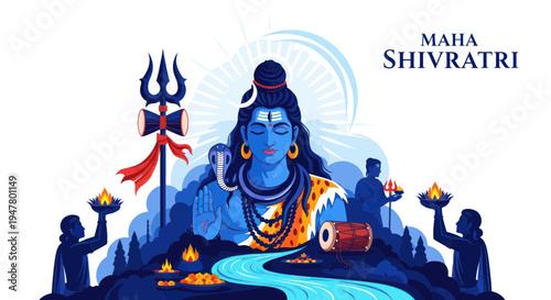 Maha Shivratri festival illustration with Lord Shiva, devotees, and offerings