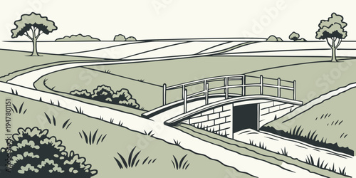 A small building in a rural landscape with trees and grass Vector