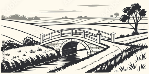 A small bridge over a stream in a rural landscape Vector