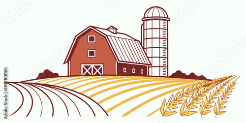 A red barn and silo on a farm with a field Vector