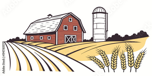 A red barn with a silo and fields of wheat Vector