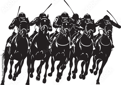 Professional horse racing jockeys illustration, dynamic vector silhouette, line art in black