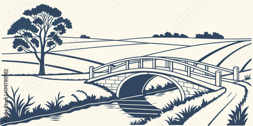 A blue and white drawing of a bridge over a stream Vector