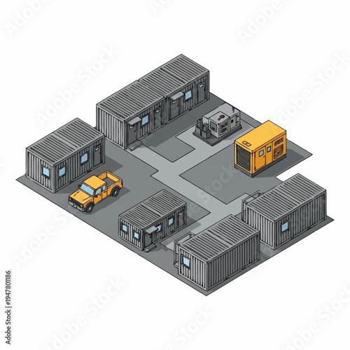 Isometric illustration of a construction site with containers, vehicles, and equipment.