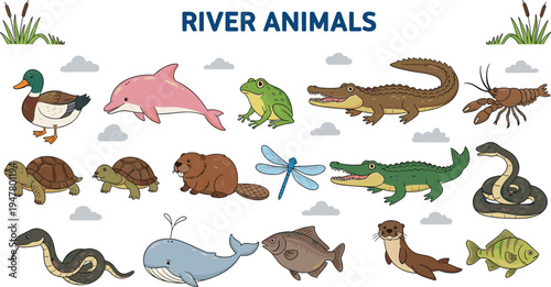 River Animals Vector Illustration Set with Crocodile Frog Turtle Otter Dolphin Fish