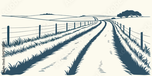 A dirt road with tire tracks and a fence Vector