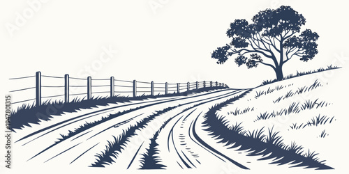 A dirt road with a fence and a tree on a hill Vector