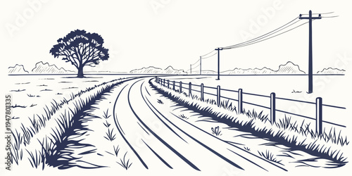 A train track next to a wooden fence and a tree Vector