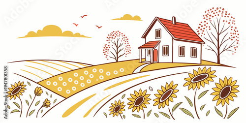 A house on a hill with sunflowers and trees Vector